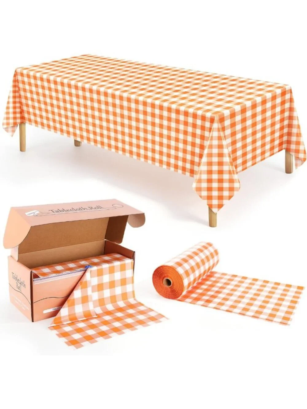 300FT x 54IN Orange & White Checkered Tablecloth Roll with Cutter - Perfect for